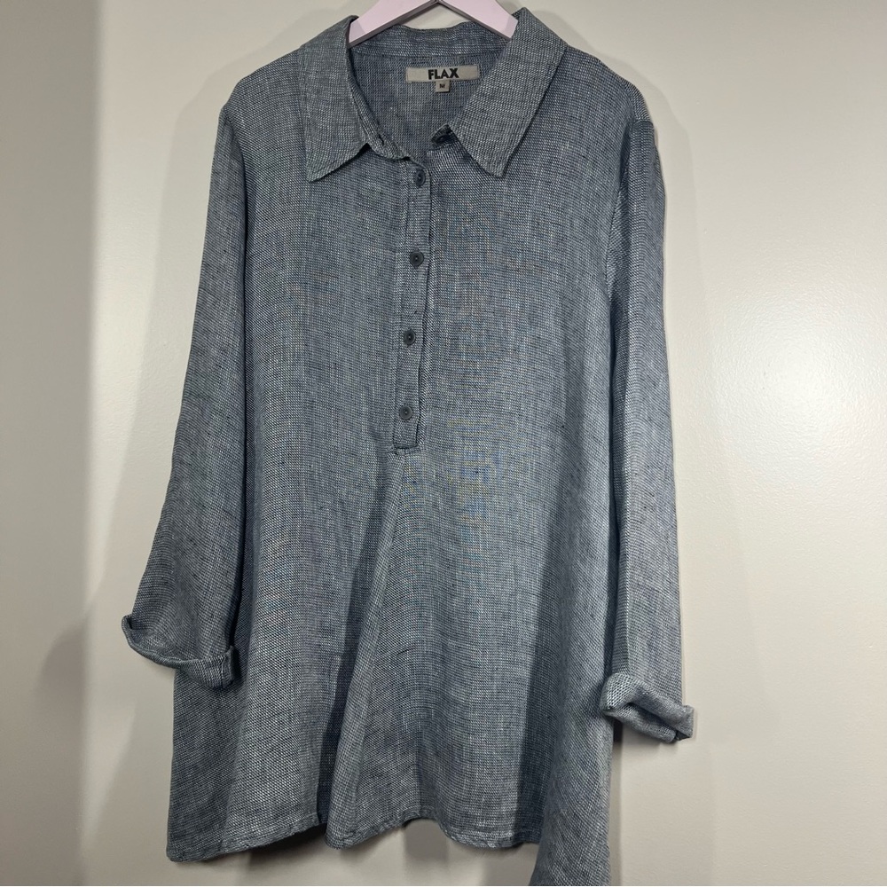 FLAX Lagenlook Blue Linen  Button Oversized Tunic Top Size M